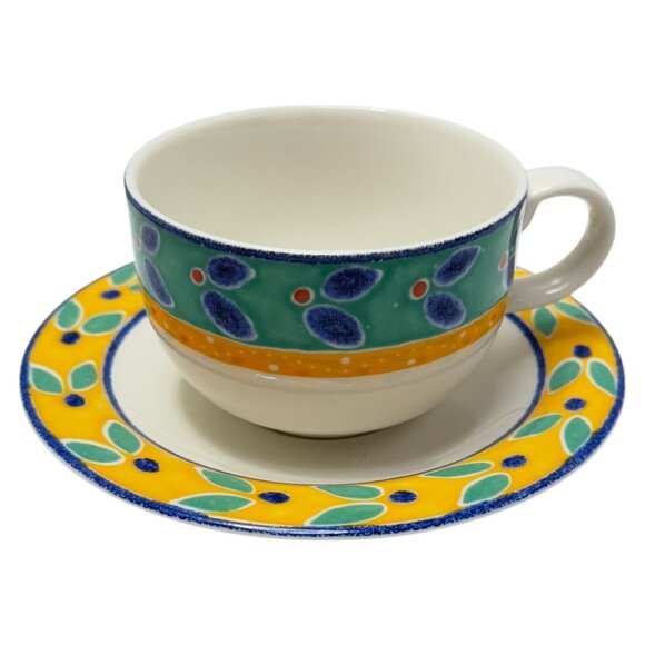Royal Doulton Expressions Cabana Teacup & Saucer Fine China Green Blue Yellow - Picture 1 of 11